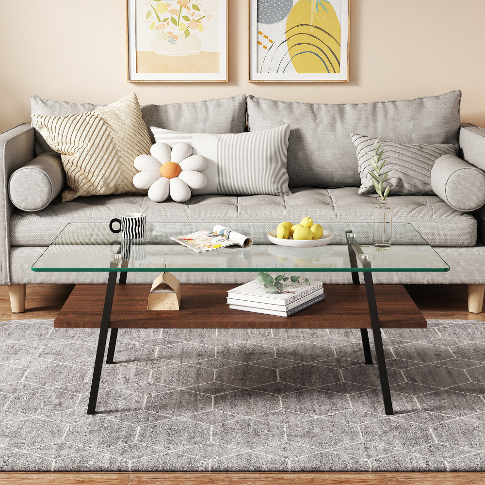 Modern Rectangle Coffee Table with Tempered Glass Top & MDF Shelf, Black Metal Legs, Industrial Style Living Room Center Table