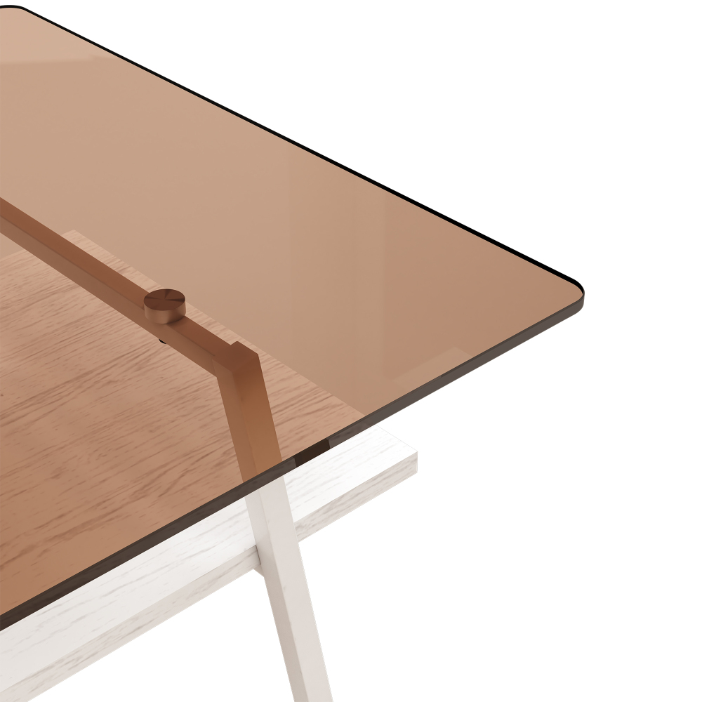 Modern Rectangle Coffee Table with Tempered Brown Glass Top & White Metal Legs, Contemporary Living Room Furniture with MDF Storage Shelf