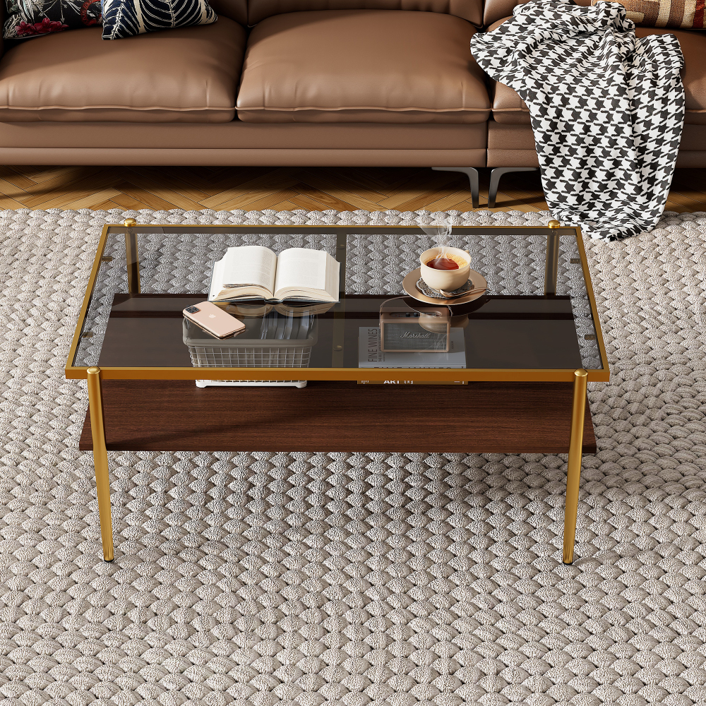 Modern Rectangle Coffee Table with Tempered Glass Top & Gold Metal Legs - Stylish Living Room Center Table with Lower Shelf Storage