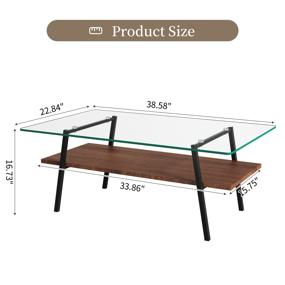 Modern Rectangle Coffee Table with Tempered Glass Top & MDF Shelf, Black Metal Legs, Industrial Style Living Room Center Table