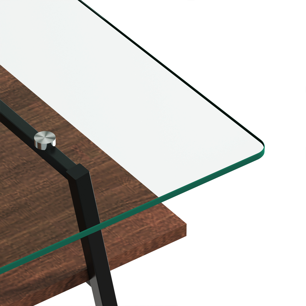 Modern Rectangle Coffee Table with Tempered Glass Top & MDF Shelf, Black Metal Legs, Industrial Style Living Room Center Table