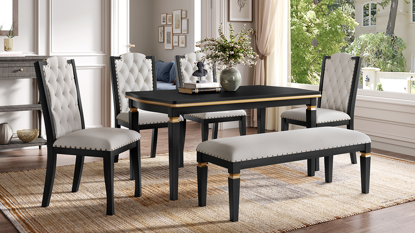 Elegant 6-Piece Dining Table Set with Bench - Modern Black Rectangular Kitchen Table & 4 Tufted High-Back Chairs for Farmhouse Home Decor