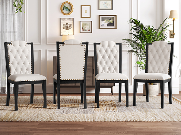 Elegant 6-Piece Dining Table Set with Bench - Modern Black Rectangular Kitchen Table & 4 Tufted High-Back Chairs for Farmhouse Home Decor