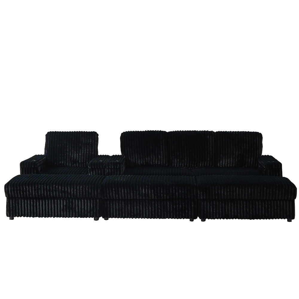 Luxury Black Corduroy Sectional Sofa with Recliner, Cup Holders & Storage Ottoman - Modern Deep Seat Living Room Couch