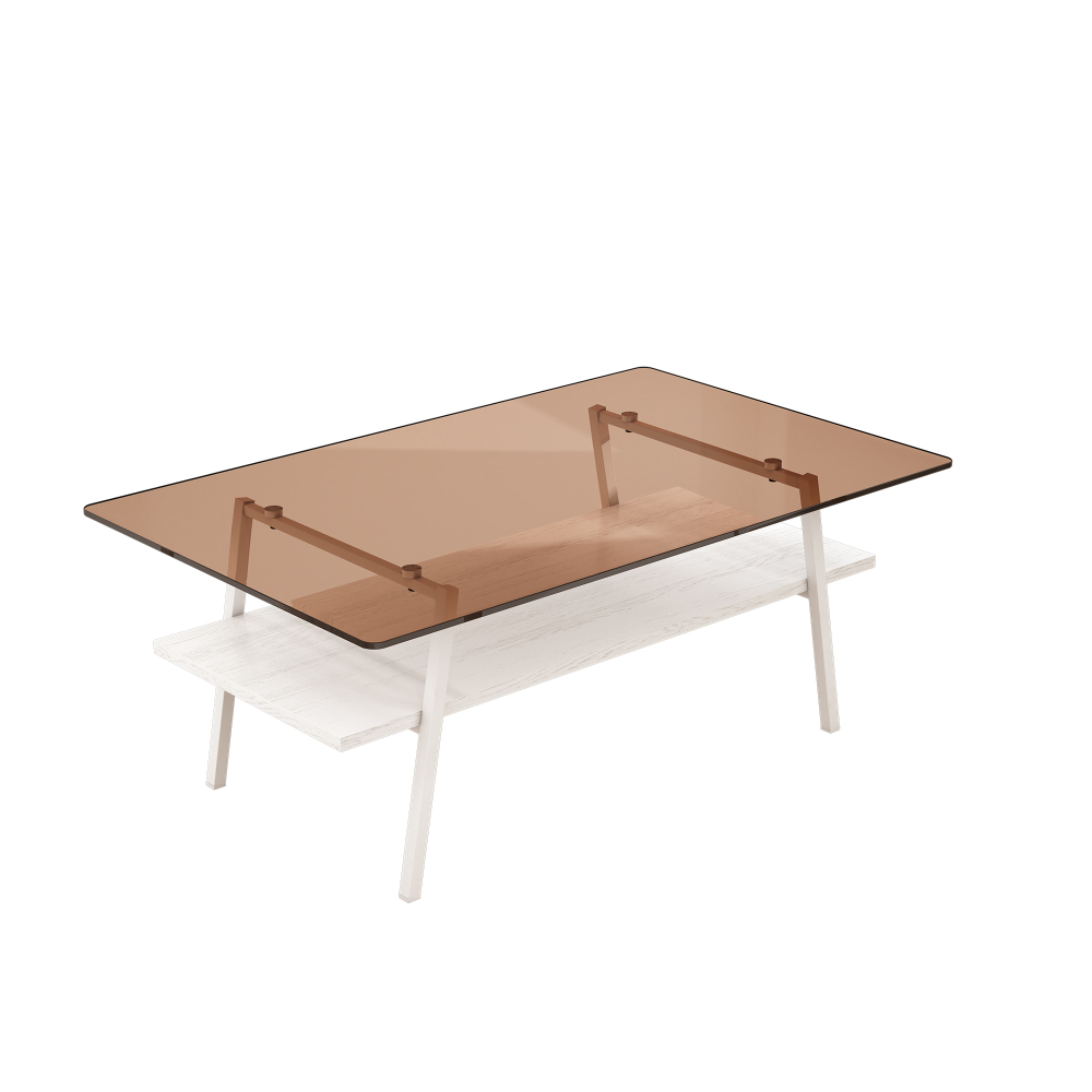 Modern Rectangle Coffee Table with Tempered Brown Glass Top & White Metal Legs, Contemporary Living Room Furniture with MDF Storage Shelf