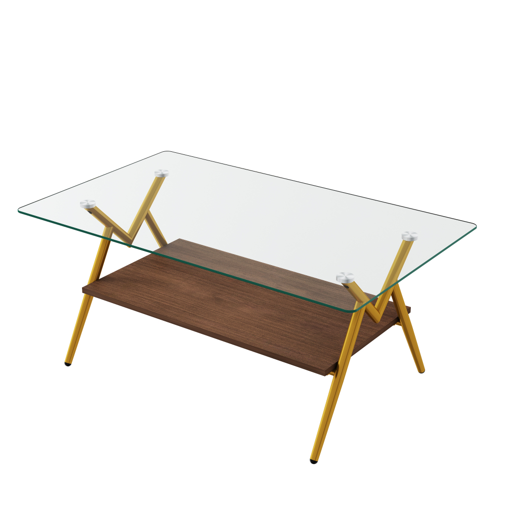 Modern Rectangle Coffee Table with Tempered Glass Top & Gold Metal Legs, Two-Tier Storage for Living Room