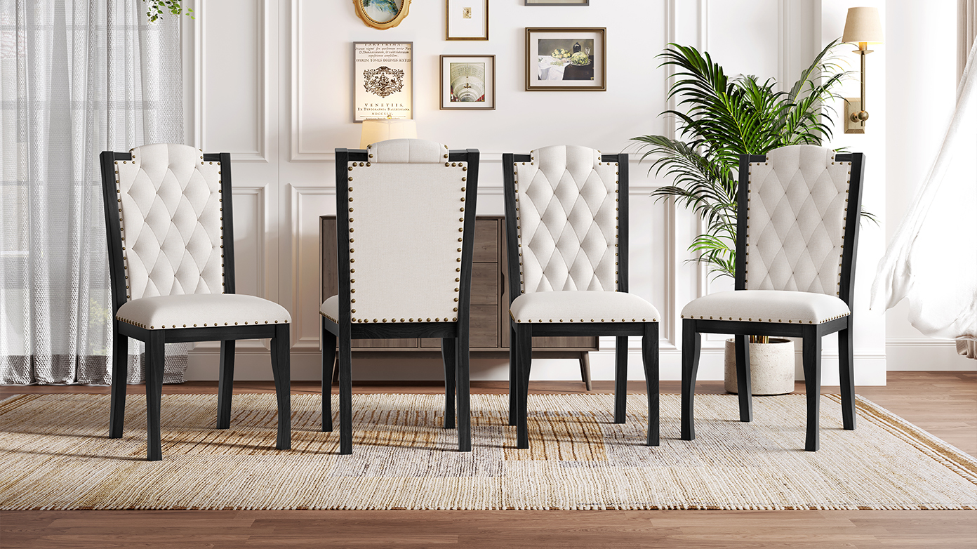 Elegant 6-Piece Dining Table Set with Bench - Modern Black Rectangular Kitchen Table & 4 Tufted High-Back Chairs for Farmhouse Home Decor