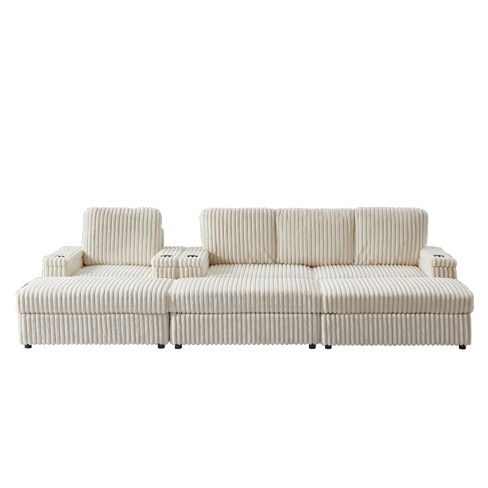 Luxury Corduroy Modular Sectional Sofa Set with Deep Seat, Reclining Armchair & Storage Ottoman