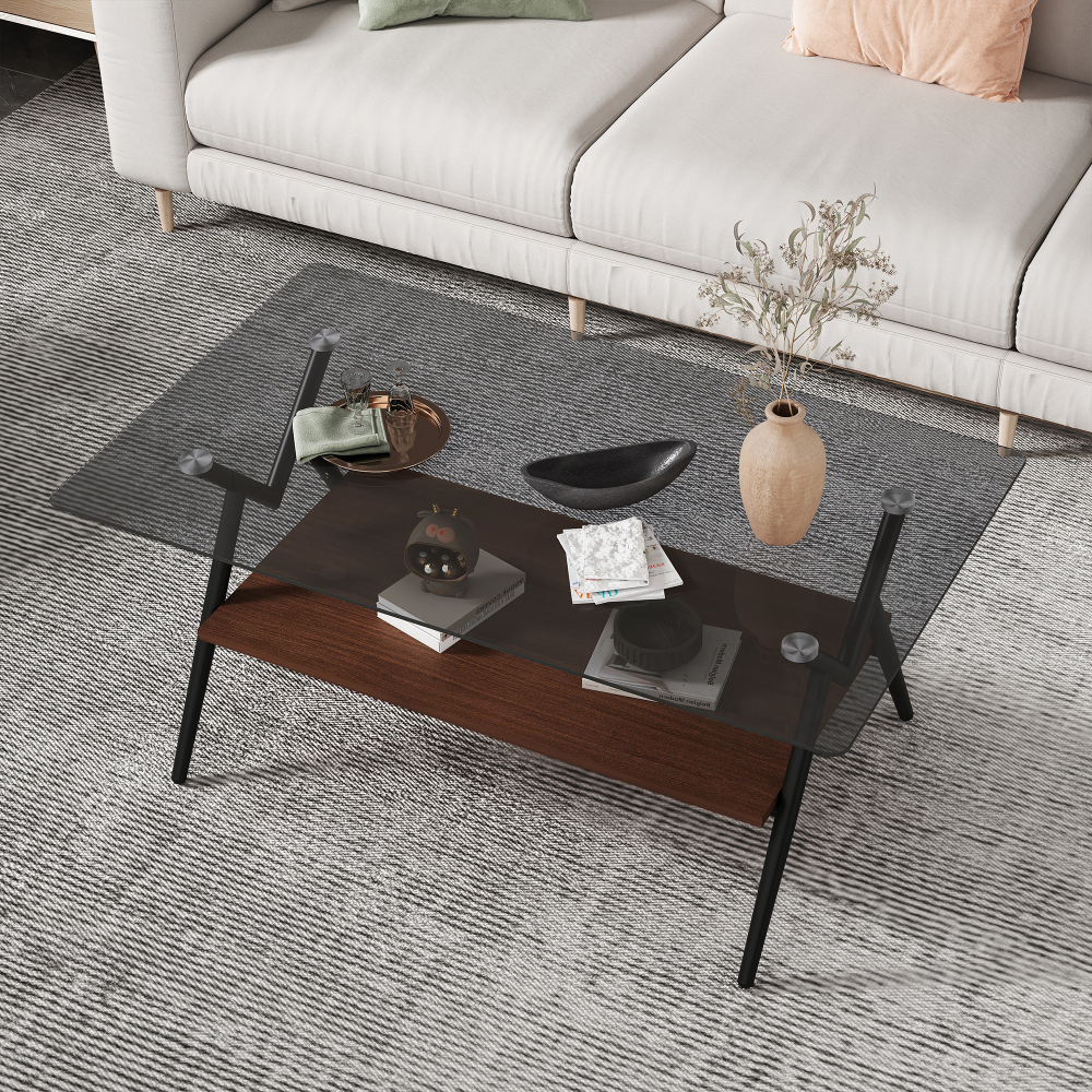 Modern Rectangle Coffee Table with Tempered Glass Top & Brown MDF Shelf, Mid-Century Style Living Room Furniture