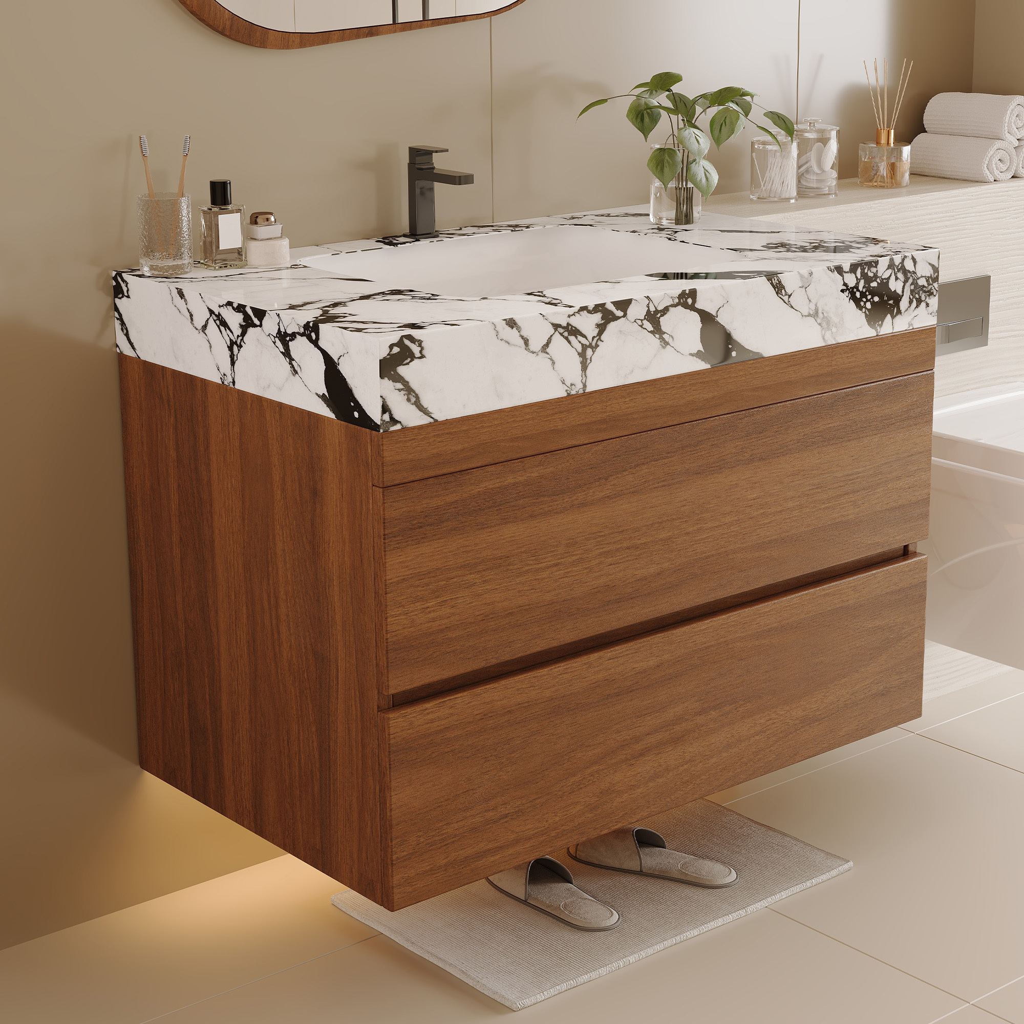 29.9" Modern Floating Bathroom Vanity with Faux Marble Sintered Stone Top, Walnut Wall-Mounted Single Sink Cabinet for Small Spaces