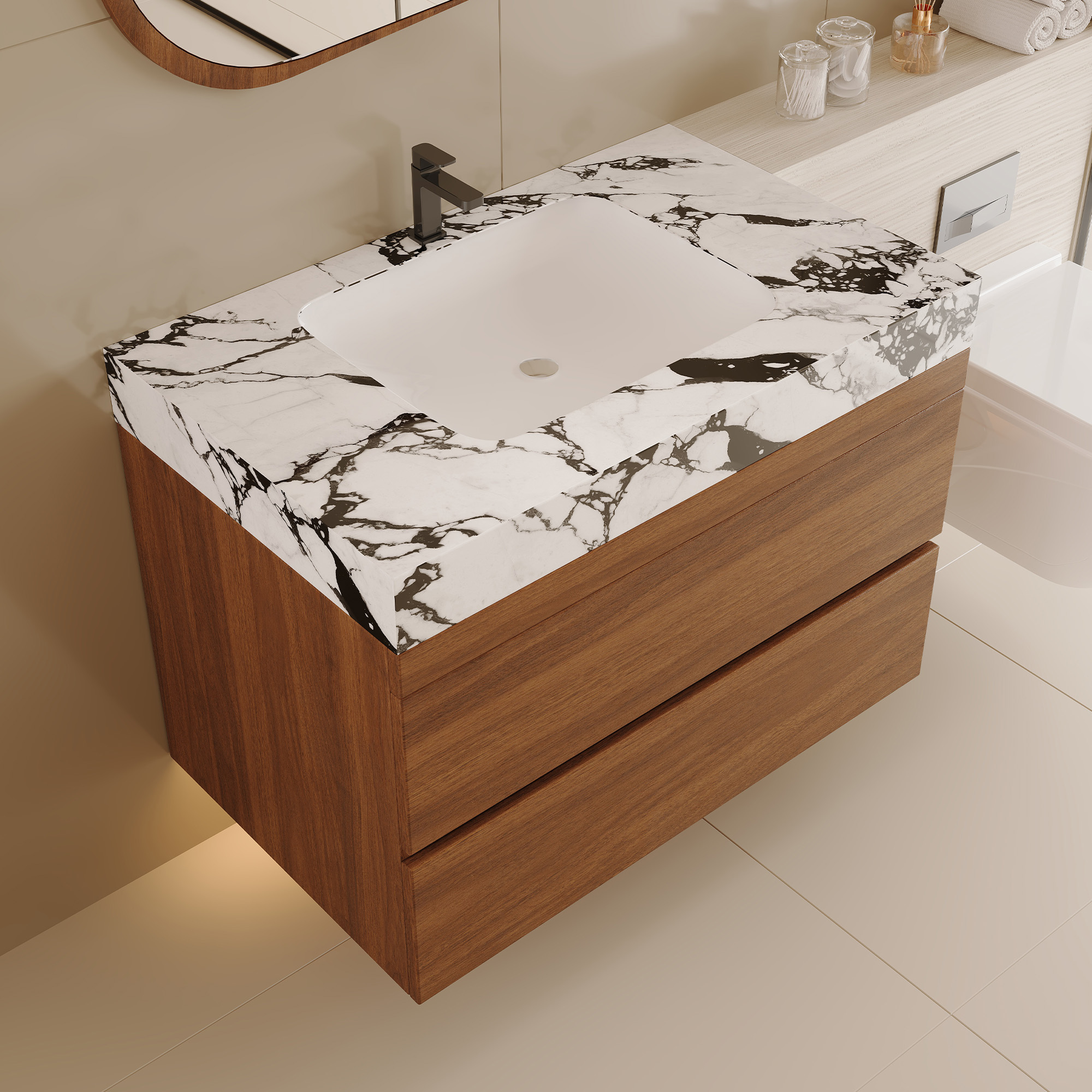 29.9" Modern Floating Bathroom Vanity with Faux Marble Sintered Stone Top, Walnut Wall-Mounted Single Sink Cabinet for Small Spaces