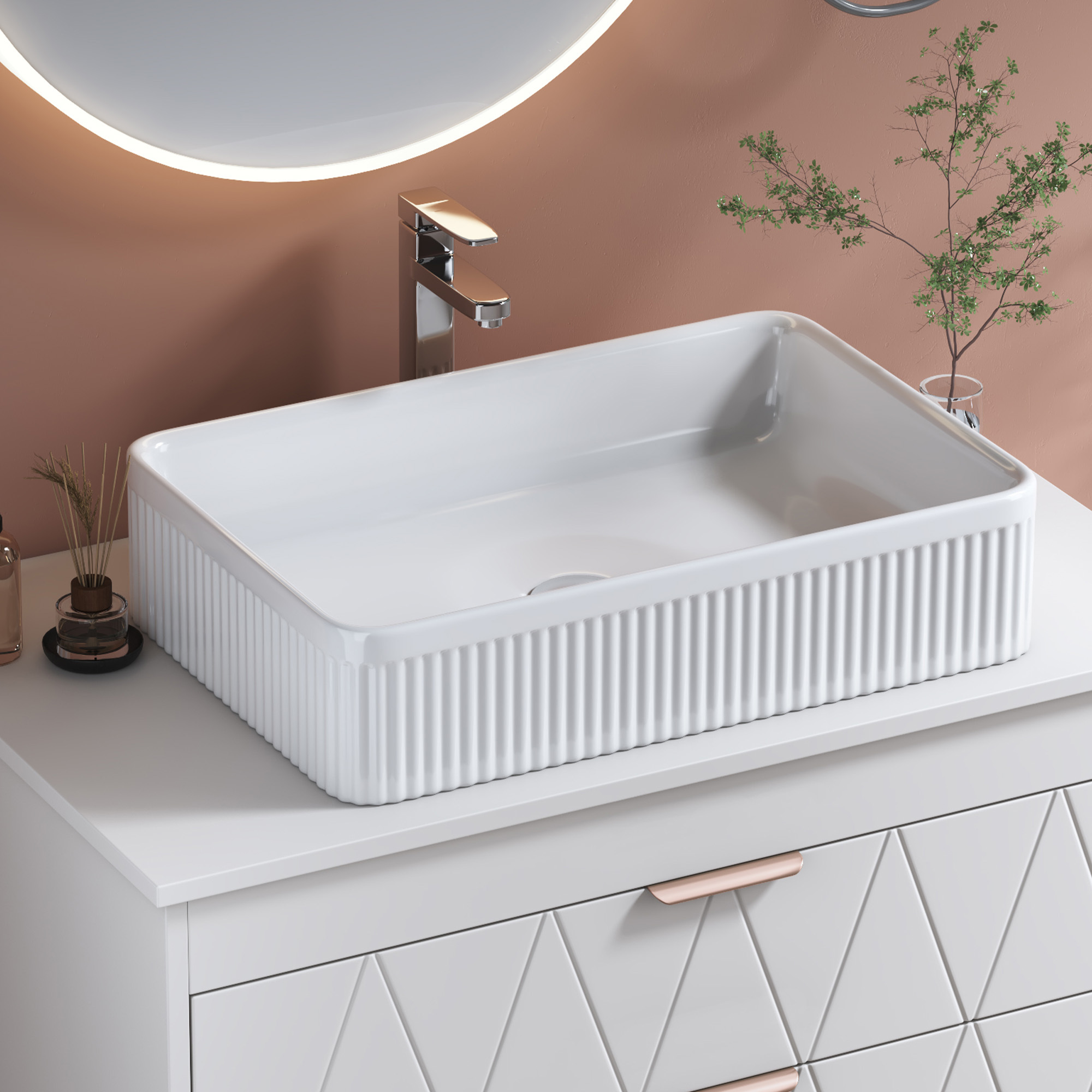 Modern White Ceramic Rectangular Vessel Sink with Vertical Ribbed Design & Drain Assembly