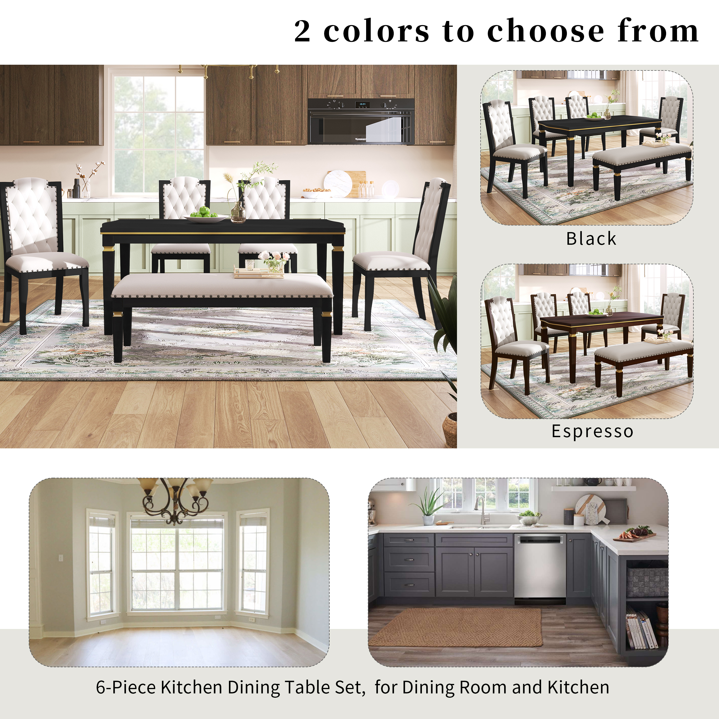 Elegant 6-Piece Dining Table Set with Bench - Modern Black Rectangular Kitchen Table & 4 Tufted High-Back Chairs for Farmhouse Home Decor