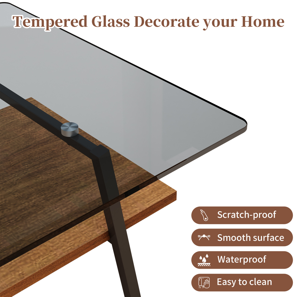 Modern Rectangle Coffee Table with Tempered Gray Glass Top and Storage Shelf - Contemporary Living Room Accent Furniture