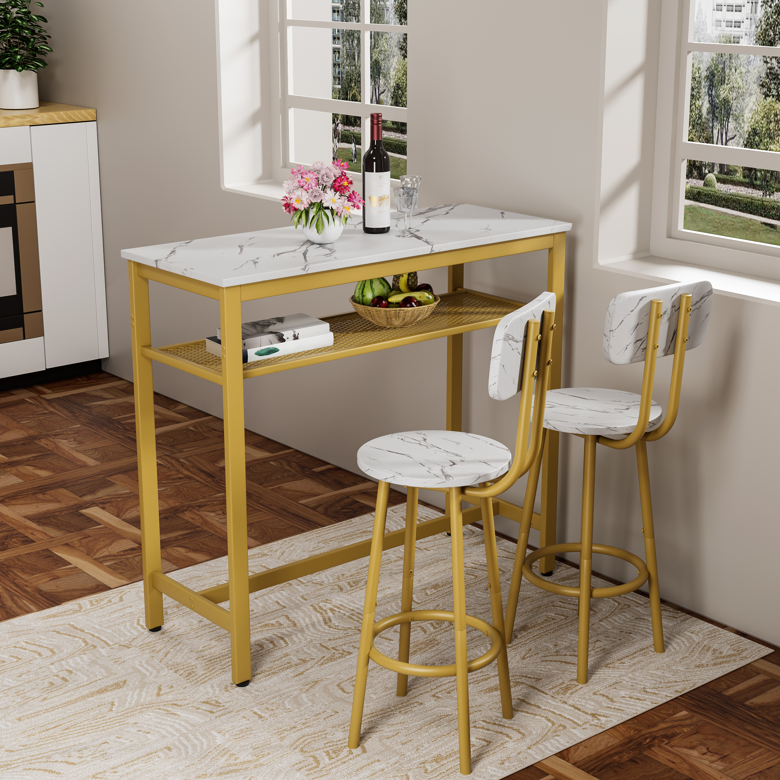 3-Piece Counter Height Dining Table Set with 2 Stools, White Faux Marble Top Breakfast Bar for Small Apartment Kitchen