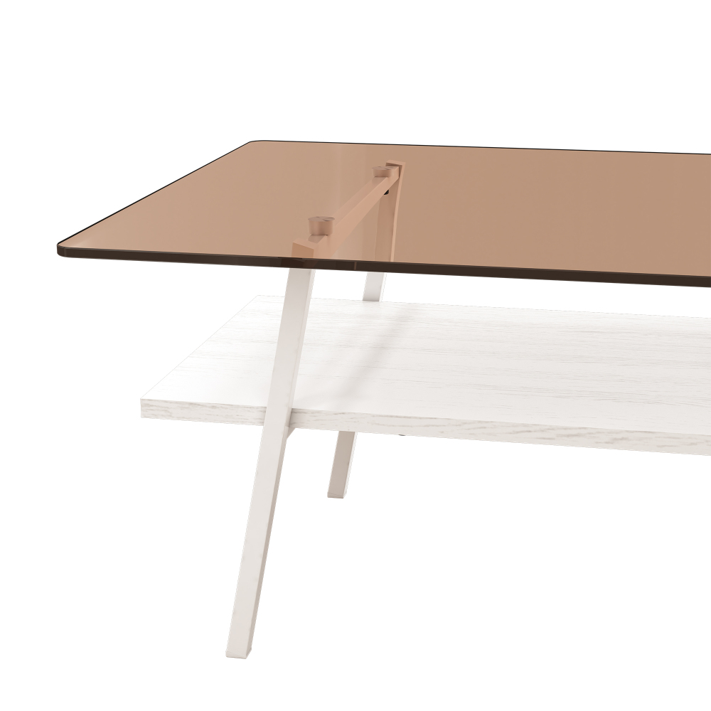 Modern Rectangle Coffee Table with Tempered Brown Glass Top & White Metal Legs, Contemporary Living Room Furniture with MDF Storage Shelf