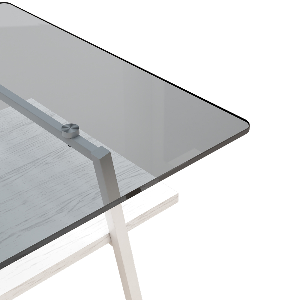 Modern Rectangle Coffee Table with Tempered Gray Glass Top and White Metal Legs, Contemporary Living Room Furniture with Storage Shelf