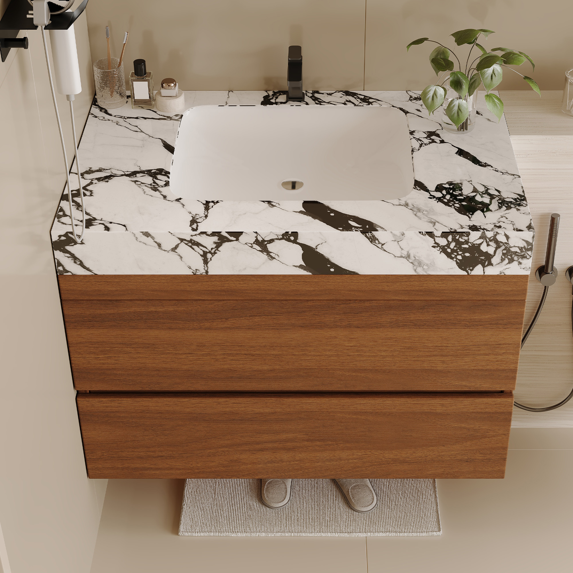 29.9" Modern Floating Bathroom Vanity with Faux Marble Sintered Stone Top, Walnut Wall-Mounted Single Sink Cabinet for Small Spaces