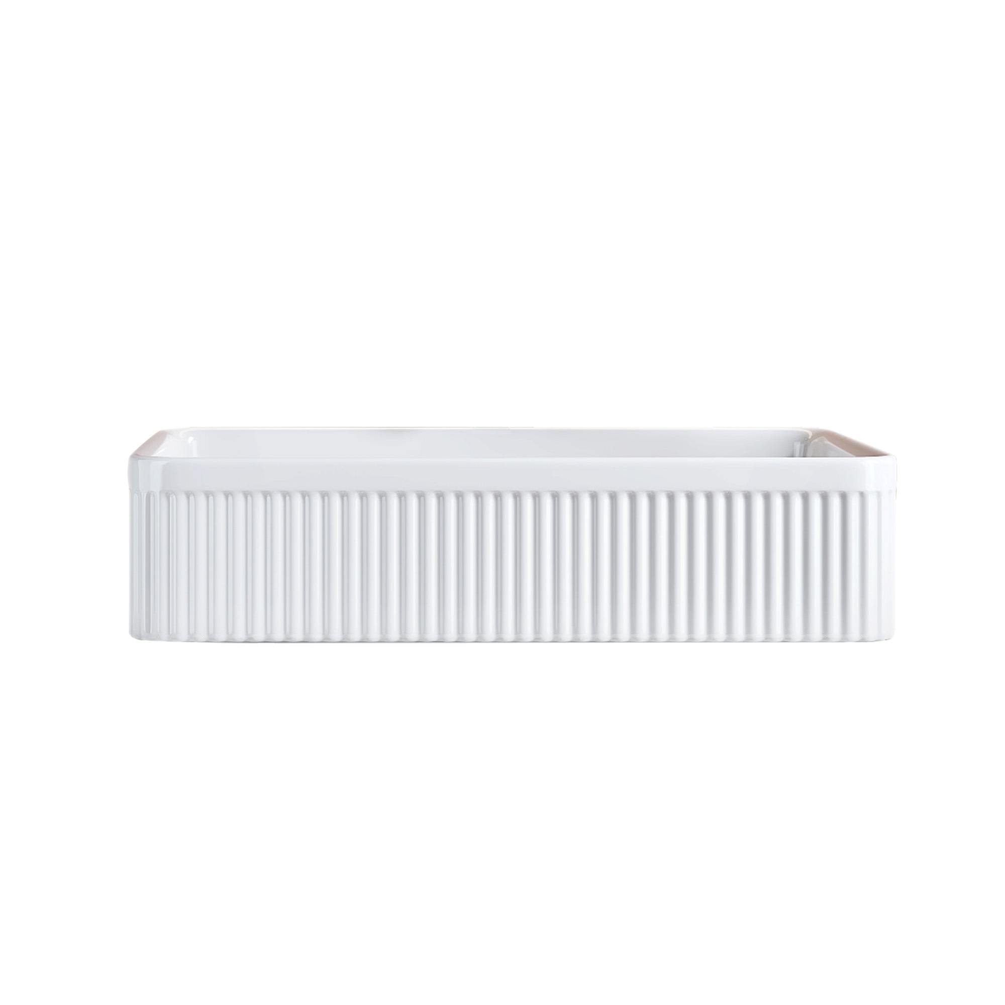 Modern White Ceramic Rectangular Vessel Sink with Vertical Ribbed Design & Drain Assembly