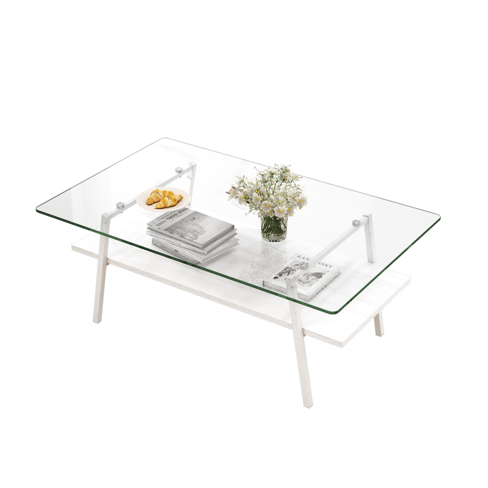 Modern Rectangle Coffee Table with Tempered Glass Top & White MDF Lower Shelf, Contemporary Living Room Center Table with Metal Legs