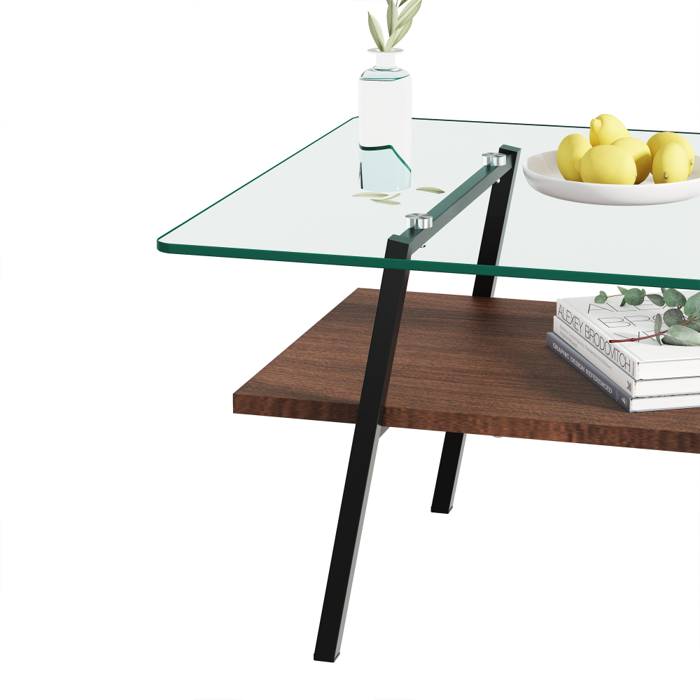 Modern Rectangle Coffee Table with Tempered Glass Top & MDF Shelf, Black Metal Legs, Industrial Style Living Room Center Table
