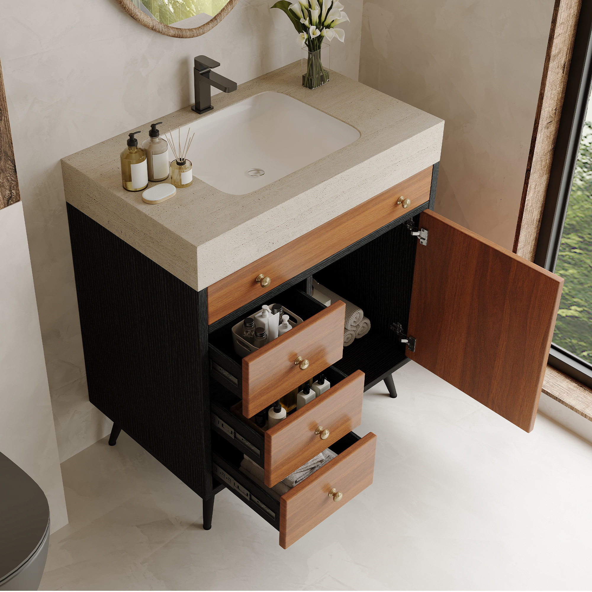 Modern Free-Standing Bathroom Vanity with Sintered Stone Top & Ceramic Sink, Mid-Century Walnut Cabinet with Soft-Close Drawers