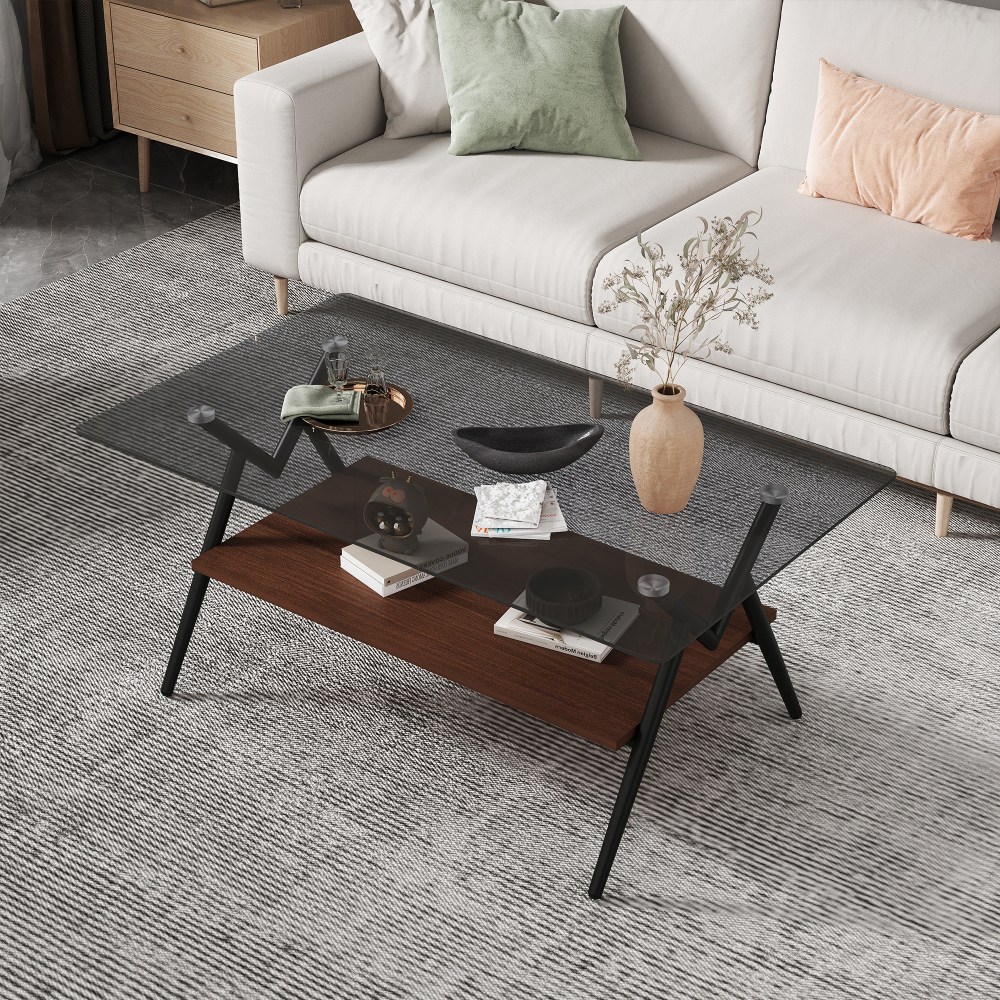 Modern Rectangle Coffee Table with Tempered Glass Top & Brown MDF Shelf, Mid-Century Style Living Room Furniture