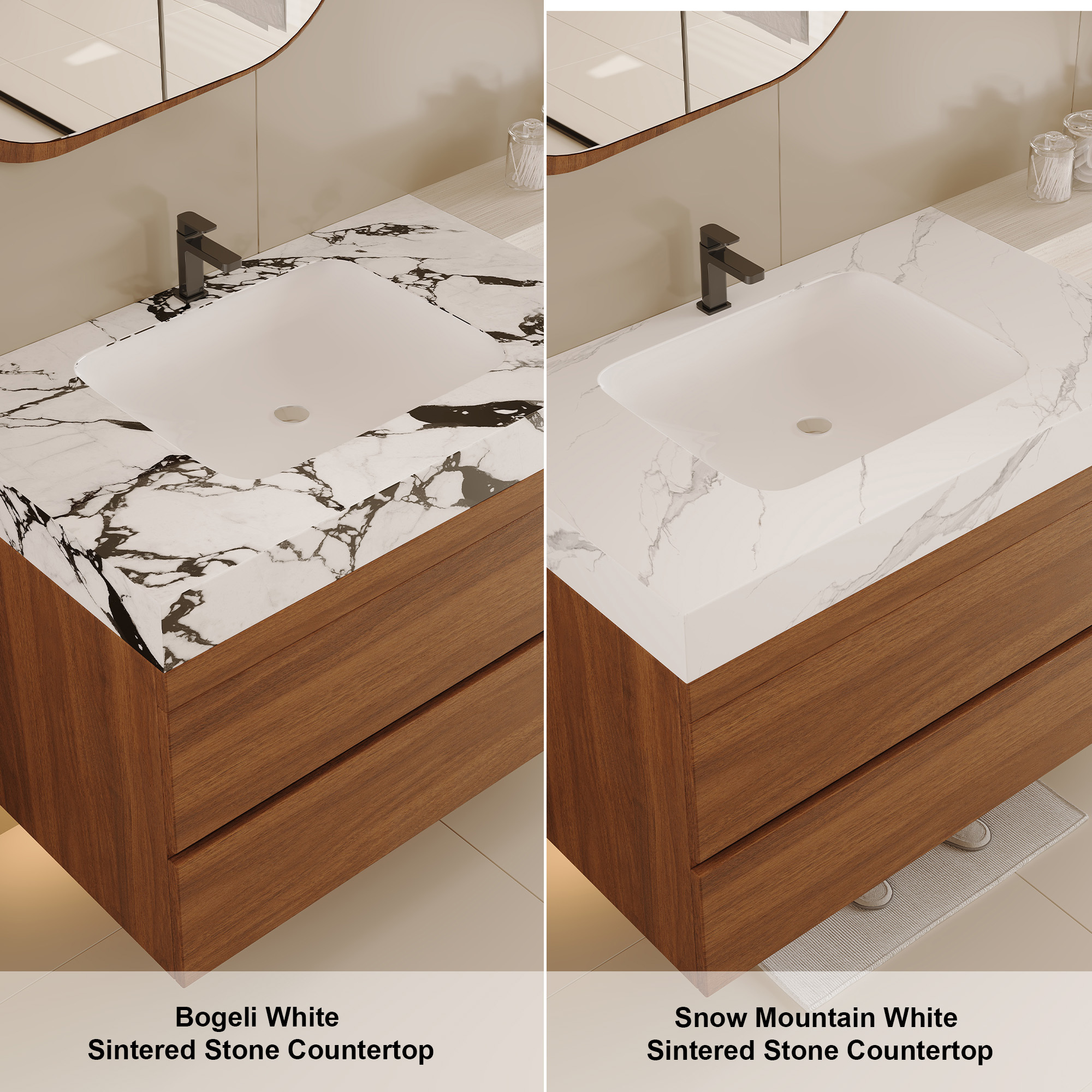 29.9" Modern Floating Bathroom Vanity with Faux Marble Sintered Stone Top, Walnut Wall-Mounted Single Sink Cabinet for Small Spaces