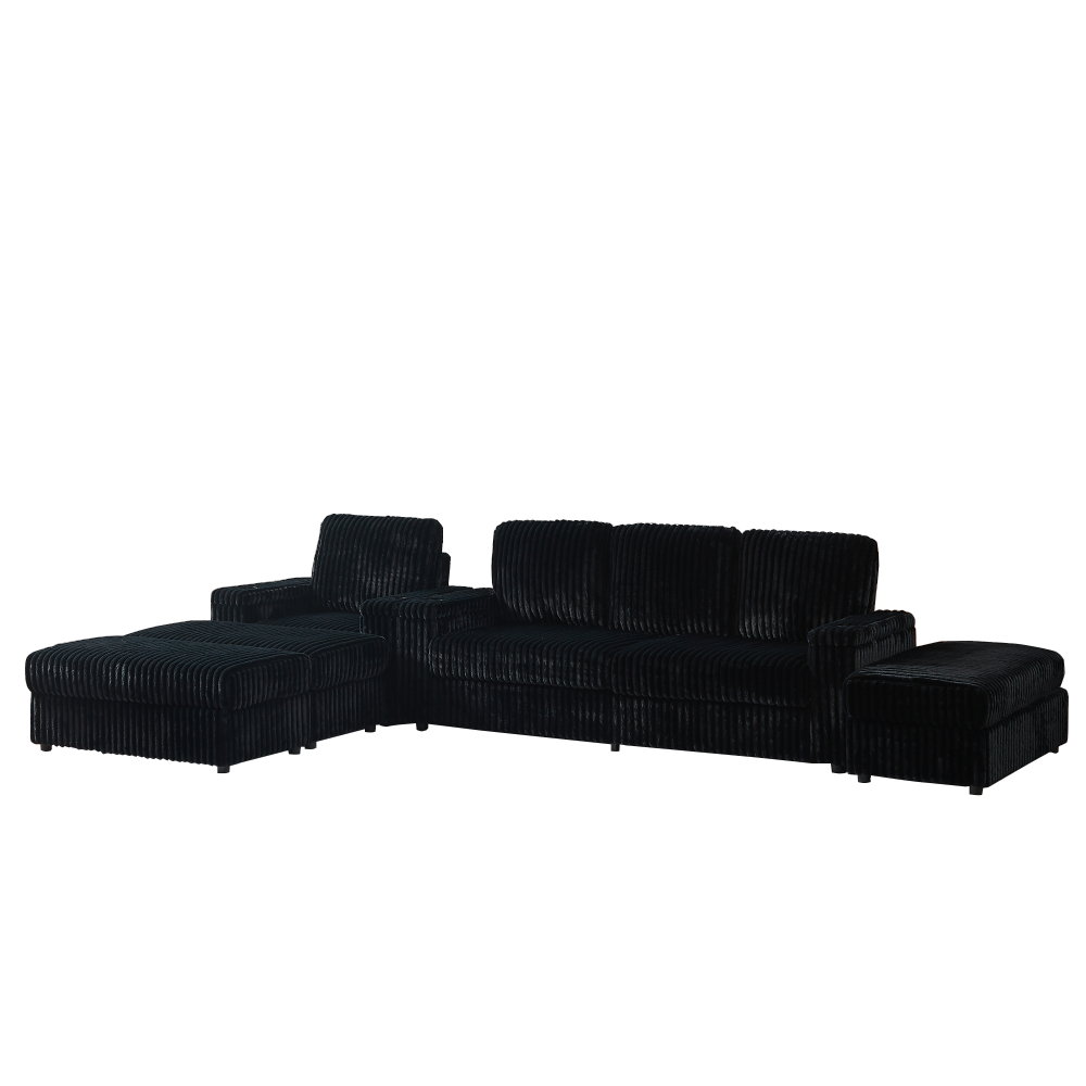 Luxury Black Corduroy Sectional Sofa with Recliner, Cup Holders & Storage Ottoman - Modern Deep Seat Living Room Couch