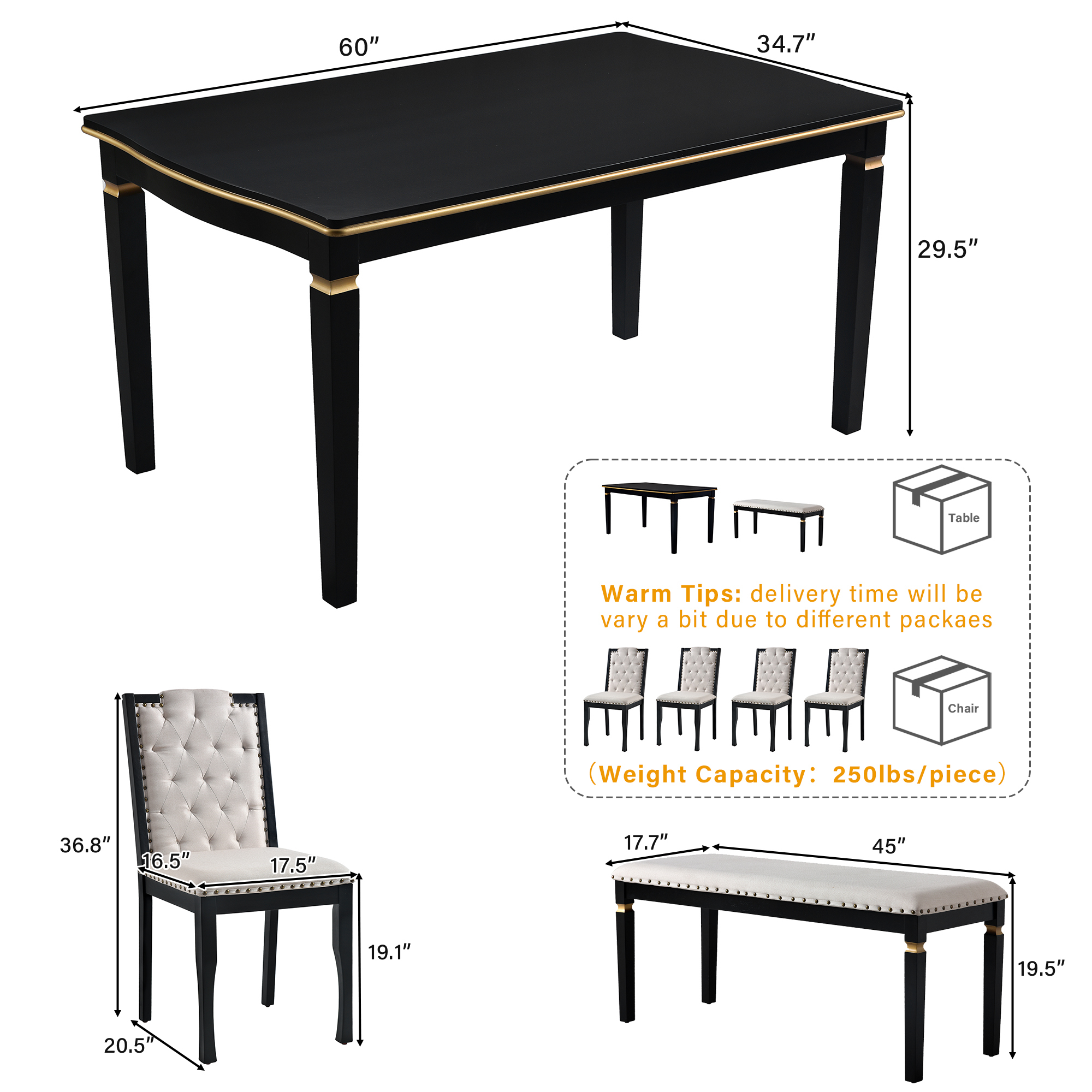 Elegant 6-Piece Dining Table Set with Bench - Modern Black Rectangular Kitchen Table & 4 Tufted High-Back Chairs for Farmhouse Home Decor