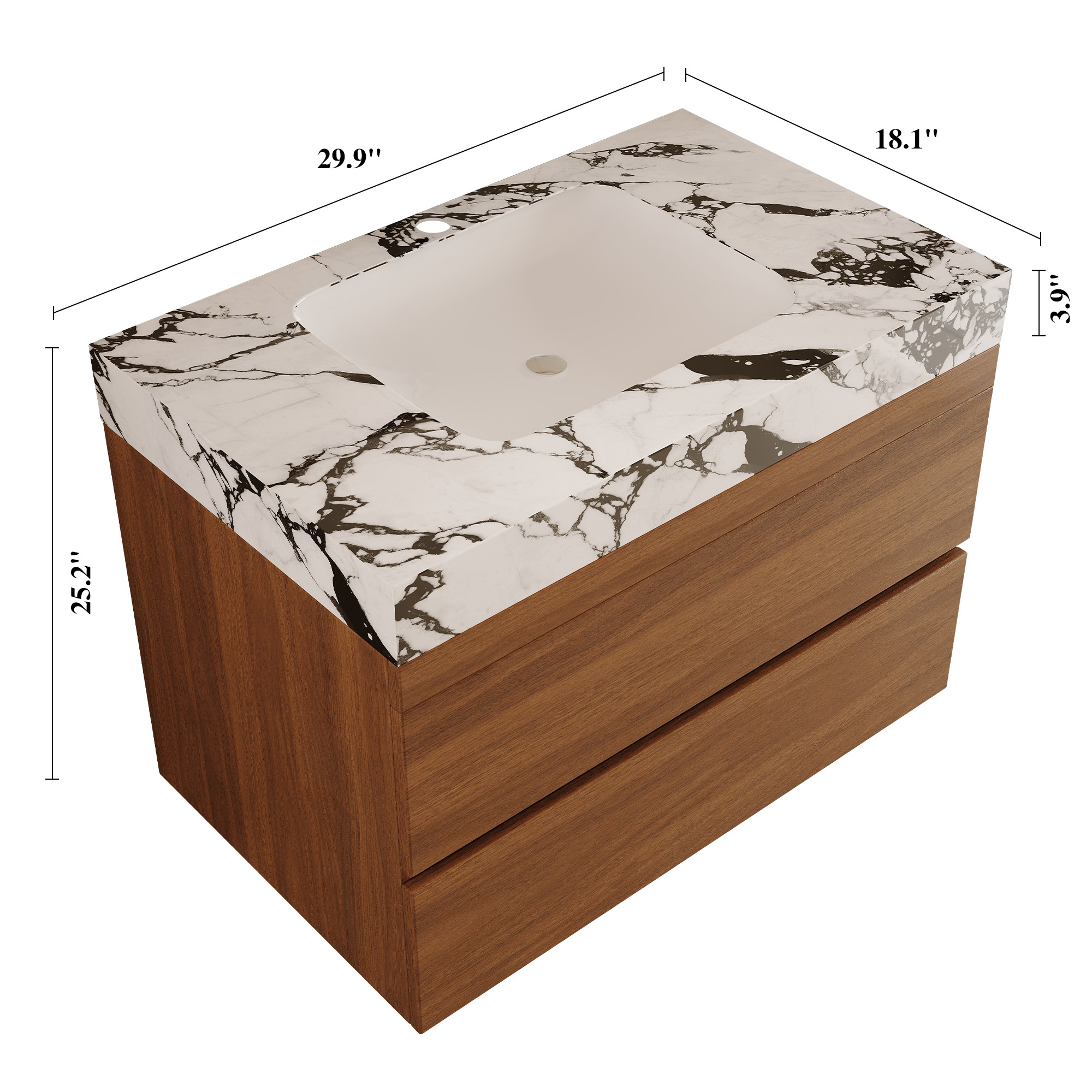29.9" Modern Floating Bathroom Vanity with Faux Marble Sintered Stone Top, Walnut Wall-Mounted Single Sink Cabinet for Small Spaces