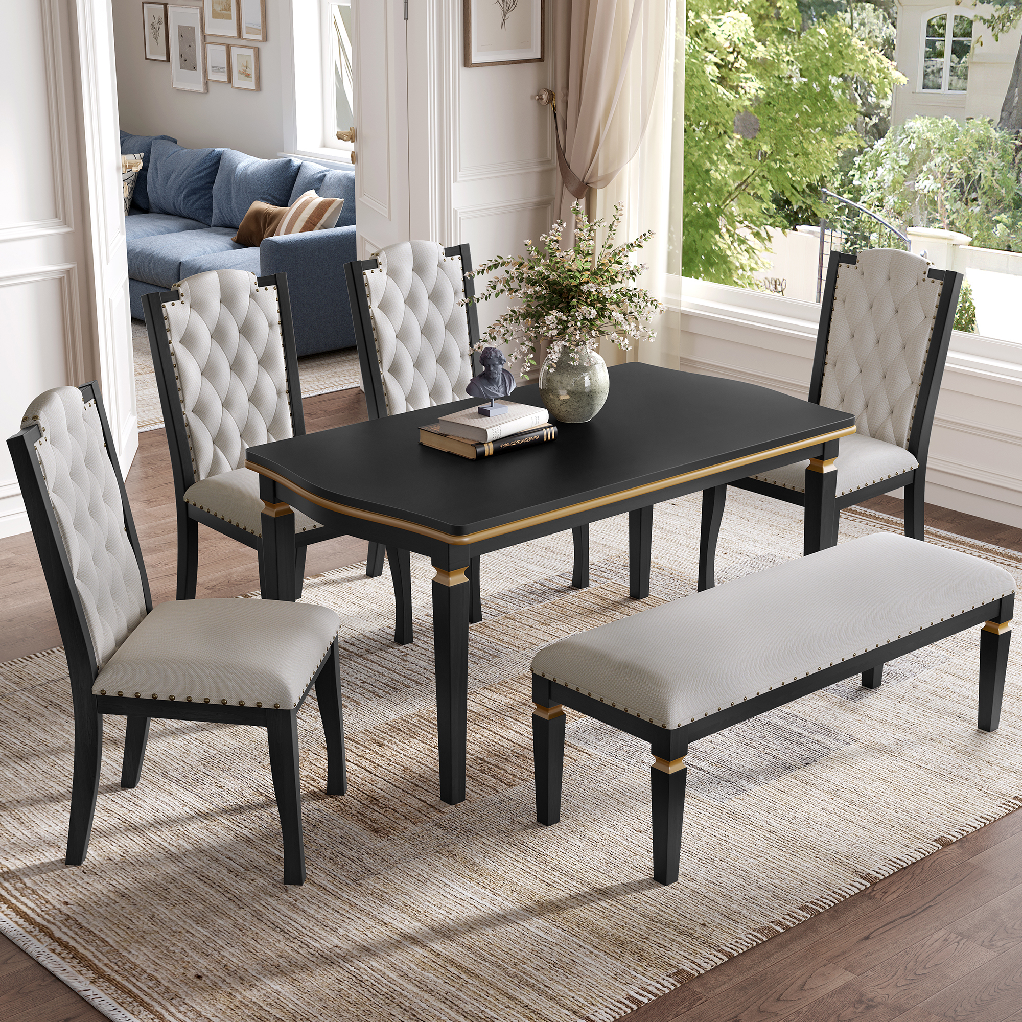 Elegant 6-Piece Dining Table Set with Bench - Modern Black Rectangular Kitchen Table & 4 Tufted High-Back Chairs for Farmhouse Home Decor