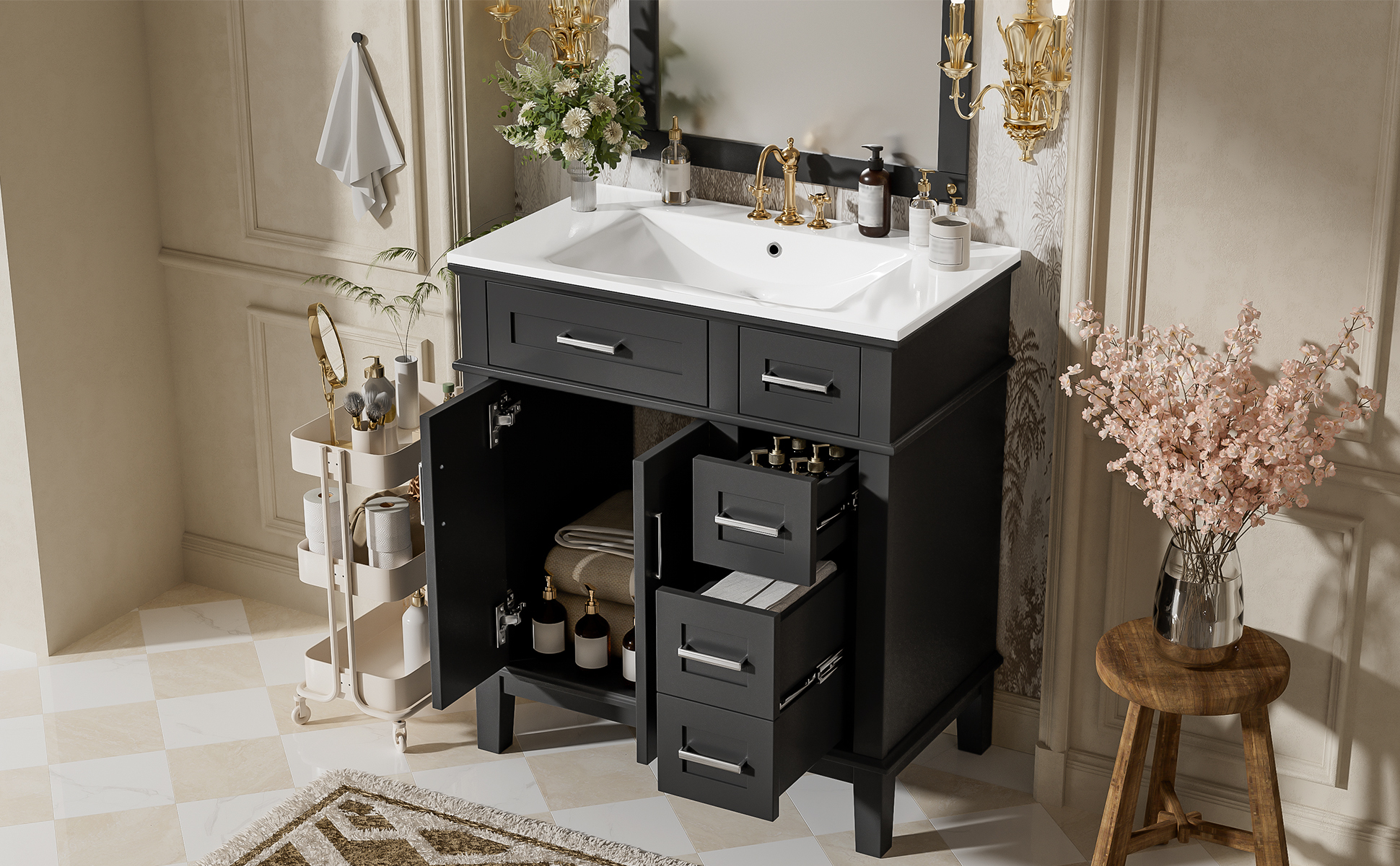 30" Modern Black Bathroom Vanity with Ceramic Sink, Solid Wood Storage Cabinet & Soft-Close Doors for Small Spaces