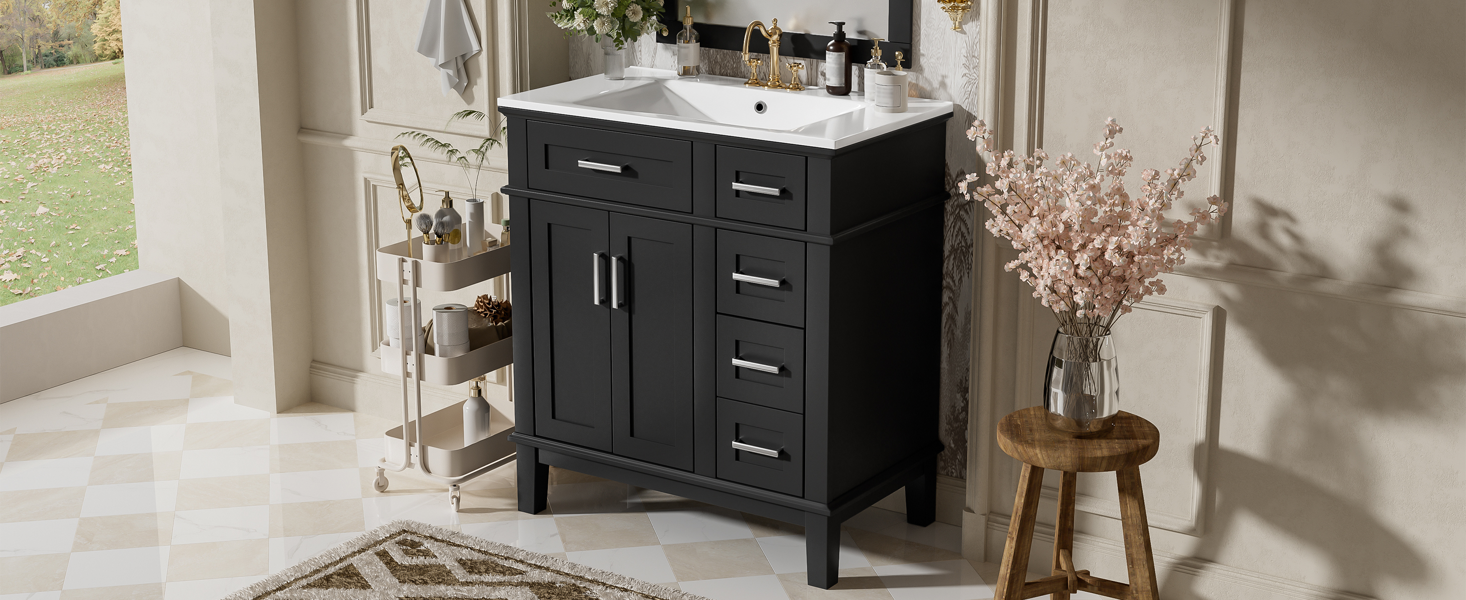 30" Modern Black Bathroom Vanity with Ceramic Sink, Solid Wood Storage Cabinet & Soft-Close Doors for Small Spaces