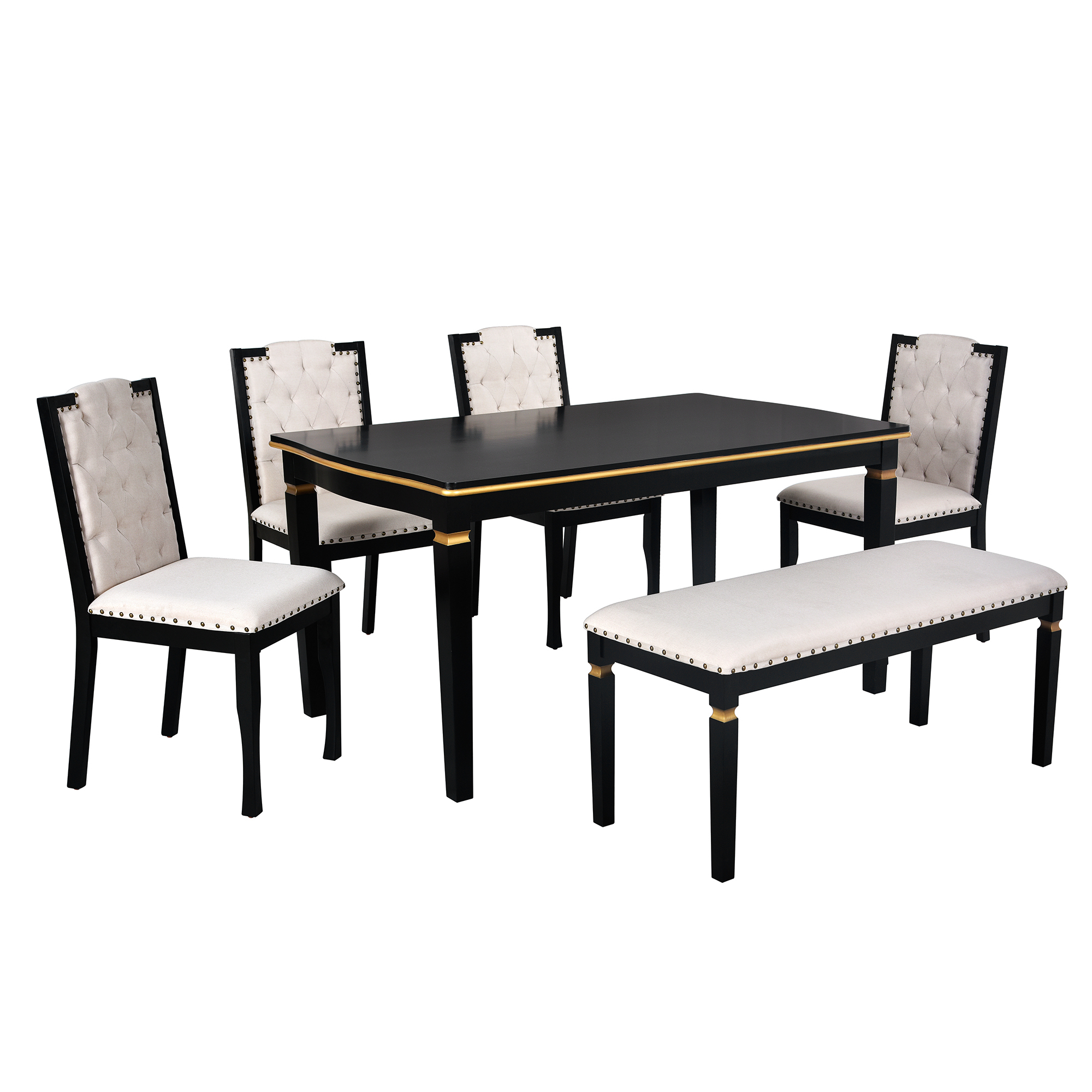 Elegant 6-Piece Dining Table Set with Bench - Modern Black Rectangular Kitchen Table & 4 Tufted High-Back Chairs for Farmhouse Home Decor