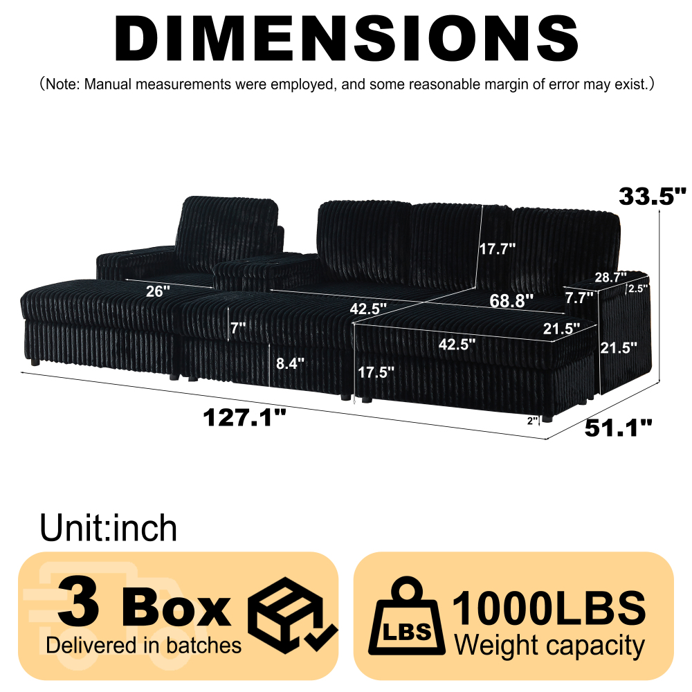 Luxury Black Corduroy Sectional Sofa with Recliner, Cup Holders & Storage Ottoman - Modern Deep Seat Living Room Couch