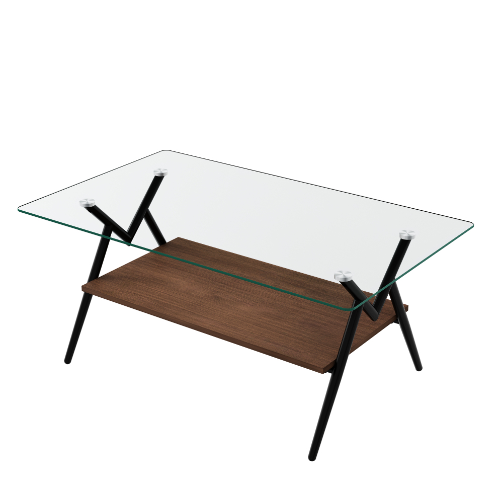 Modern Rectangle Coffee Table with Tempered Glass Top & Black Metal Legs, Two-Tier Storage Shelf for Living Room