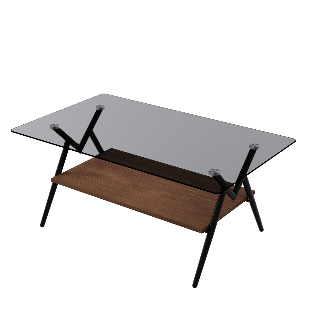 Modern Rectangle Coffee Table with Tempered Glass Top & Brown MDF Shelf, Mid-Century Style Living Room Furniture