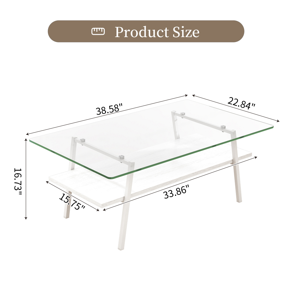 Modern Rectangle Coffee Table with Tempered Glass Top & White MDF Lower Shelf, Contemporary Living Room Center Table with Metal Legs