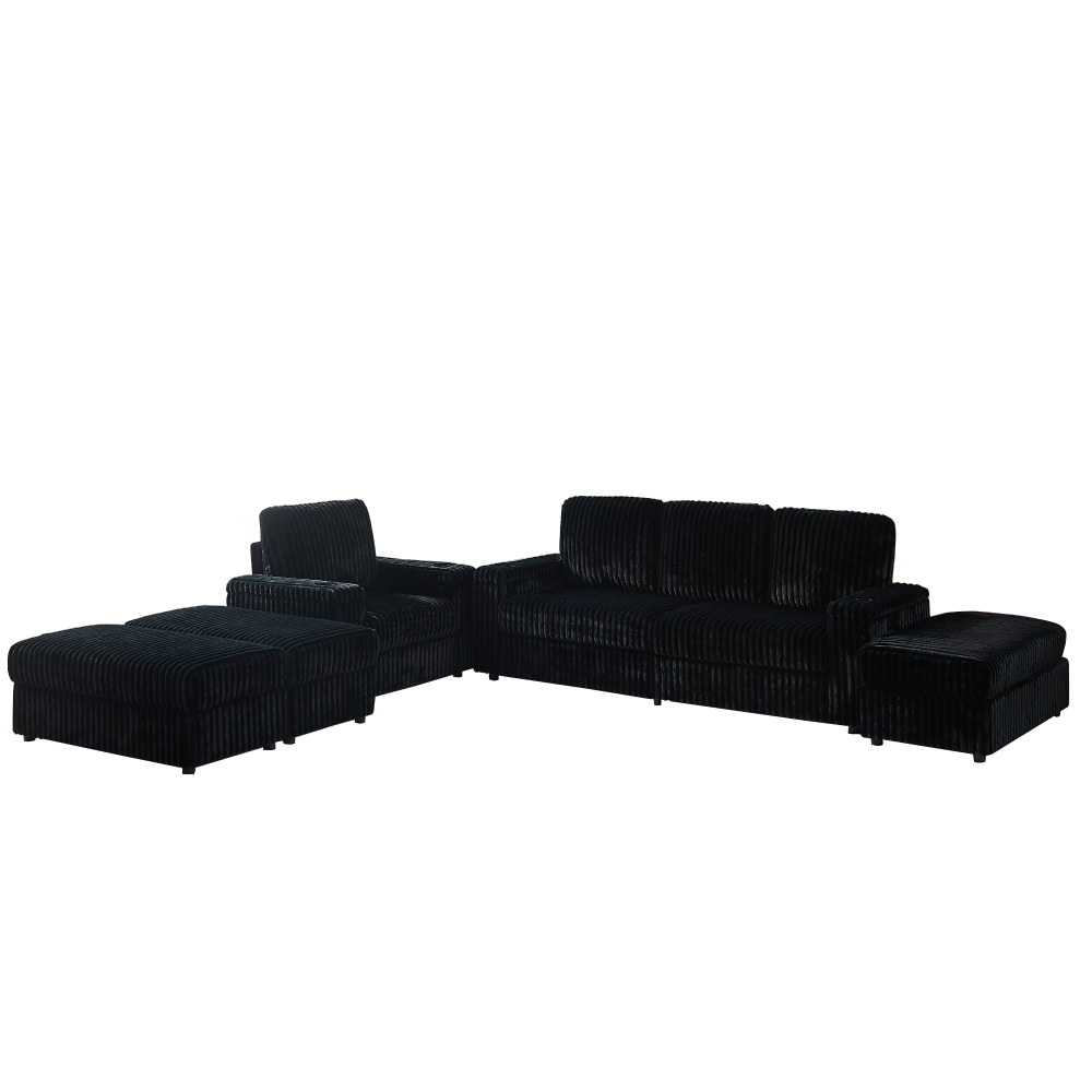 Luxury Black Corduroy Sectional Sofa with Recliner, Cup Holders & Storage Ottoman - Modern Deep Seat Living Room Couch