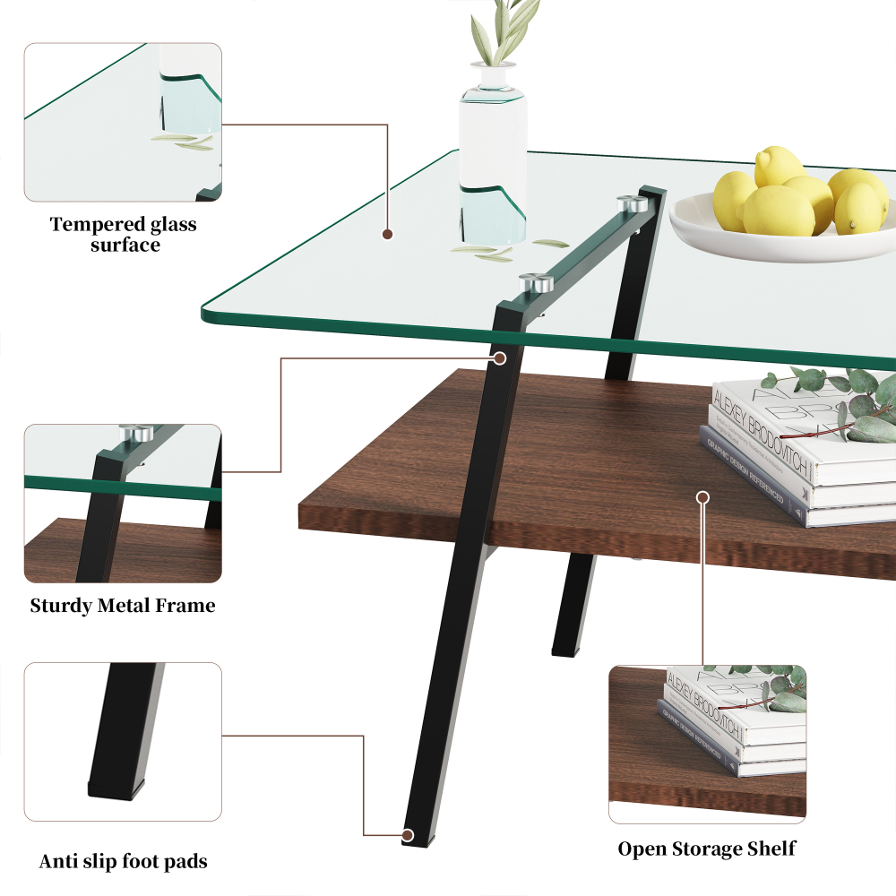 Modern Rectangle Coffee Table with Tempered Glass Top & MDF Shelf, Black Metal Legs, Industrial Style Living Room Center Table