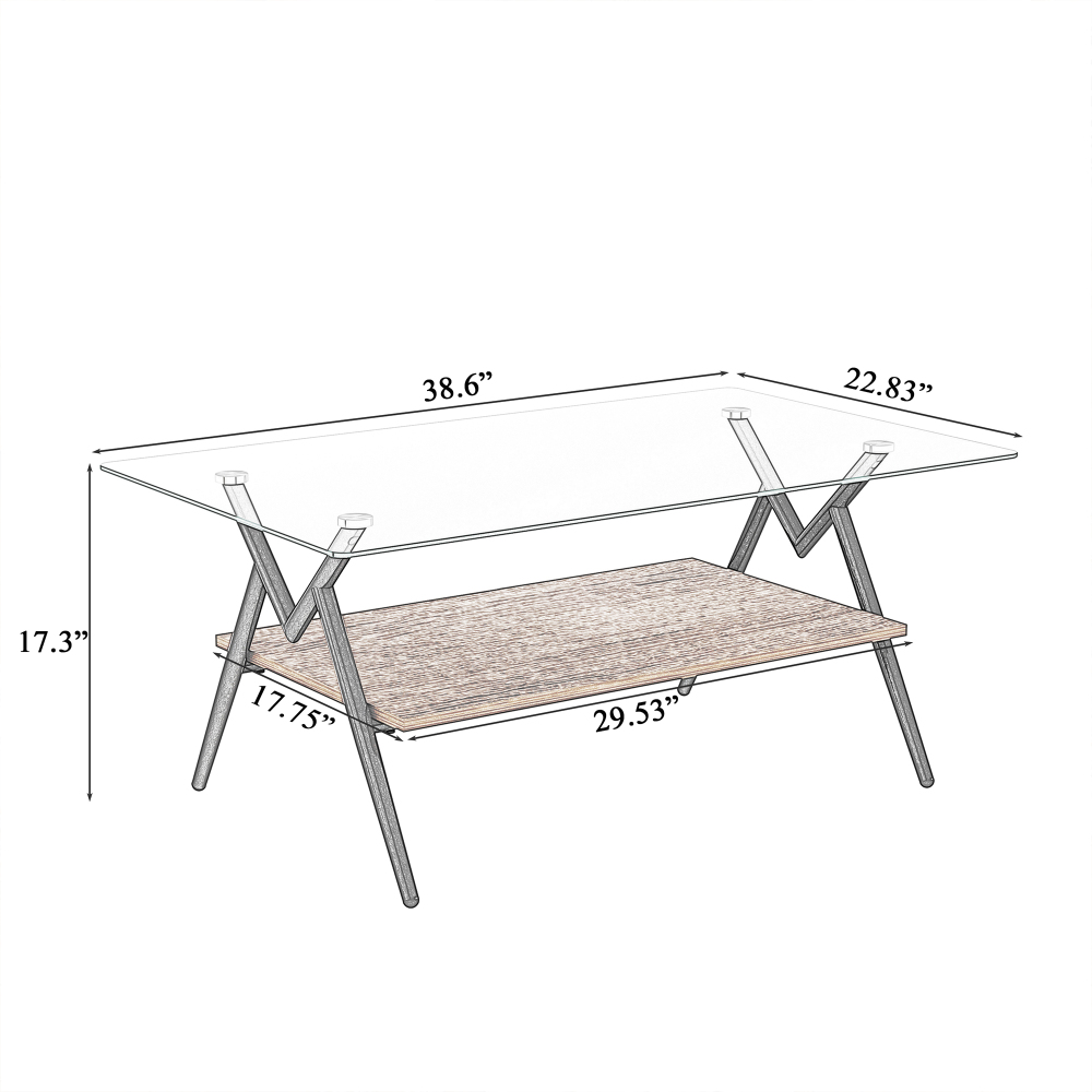 Modern Rectangle Coffee Table with Tempered Glass Top & Black Metal Legs, Two-Tier Storage Shelf for Living Room