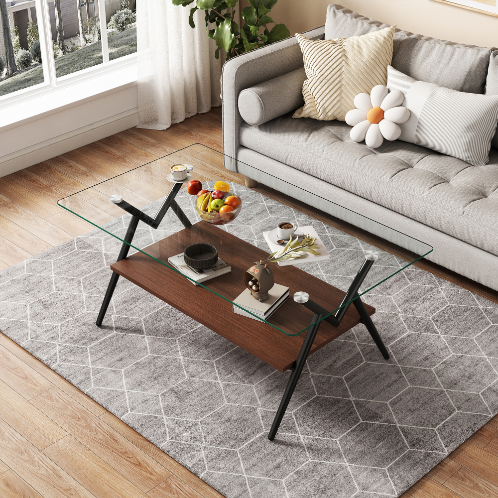 Modern Rectangle Coffee Table with Tempered Glass Top & Black Metal Legs, Two-Tier Storage Shelf for Living Room