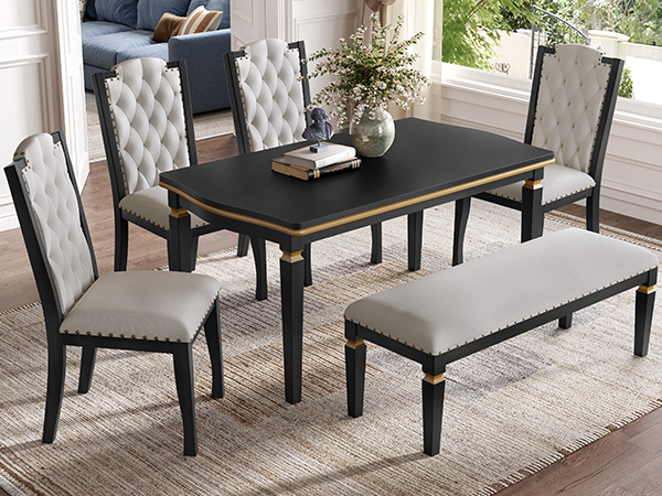 Elegant 6-Piece Dining Table Set with Bench - Modern Black Rectangular Kitchen Table & 4 Tufted High-Back Chairs for Farmhouse Home Decor
