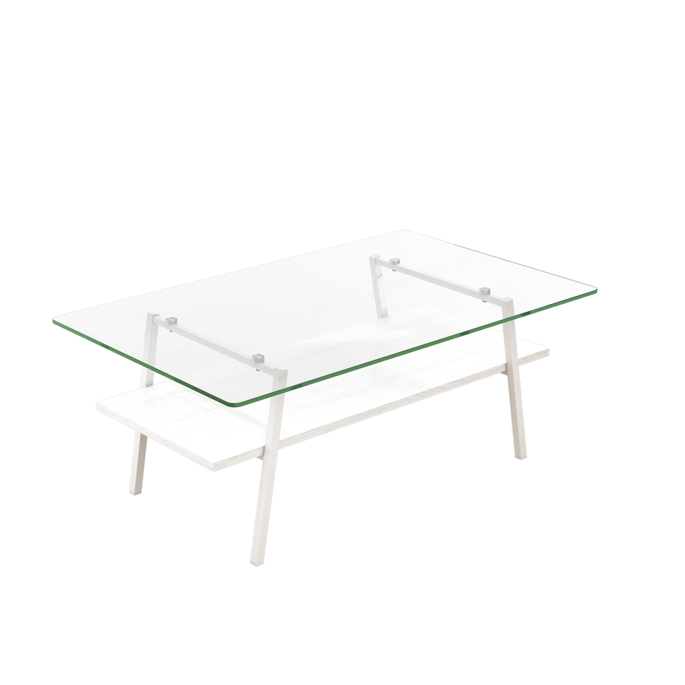 Modern Rectangle Coffee Table with Tempered Glass Top & White MDF Lower Shelf, Contemporary Living Room Center Table with Metal Legs
