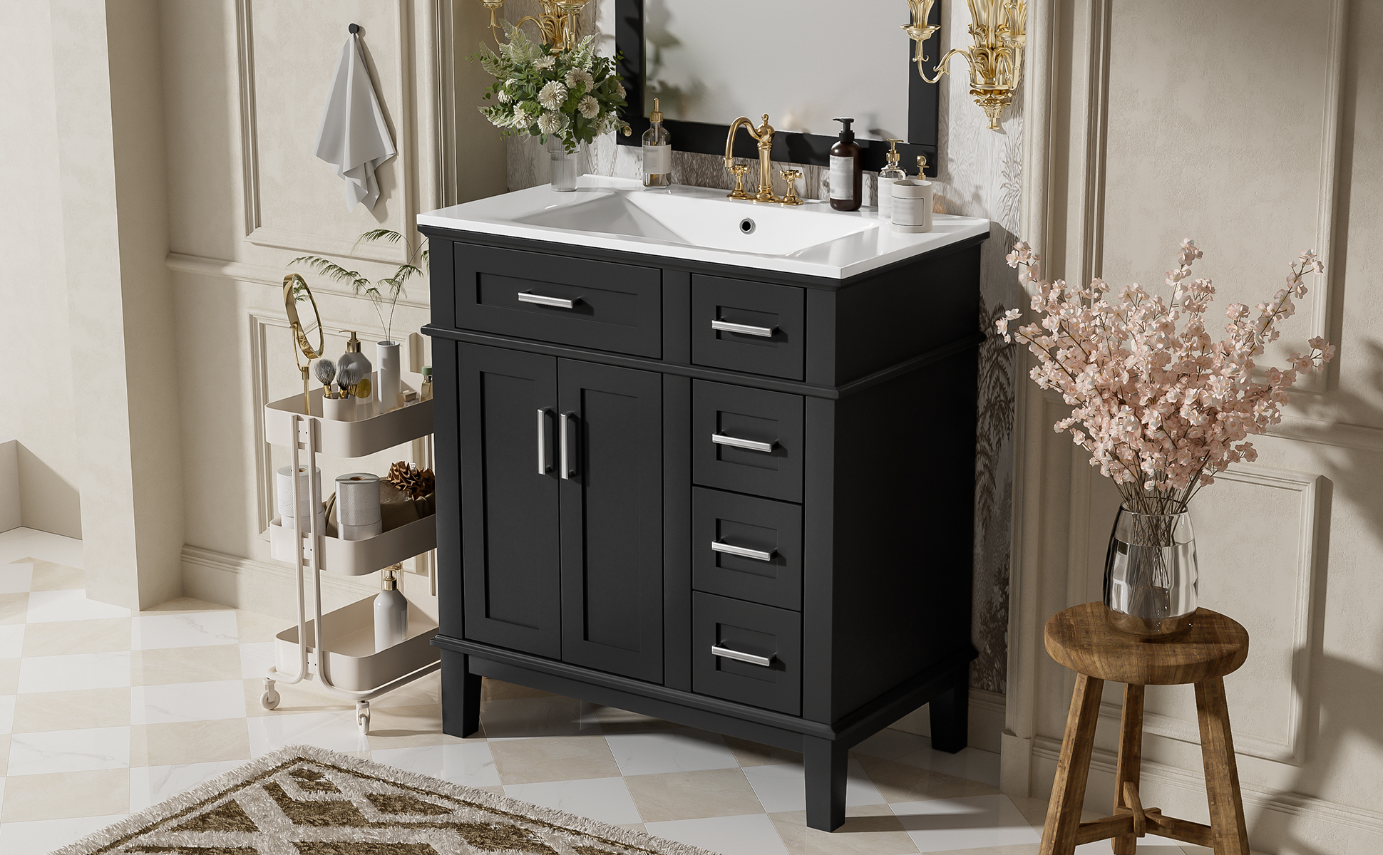30" Modern Black Bathroom Vanity with Ceramic Sink, Solid Wood Storage Cabinet & Soft-Close Doors for Small Spaces