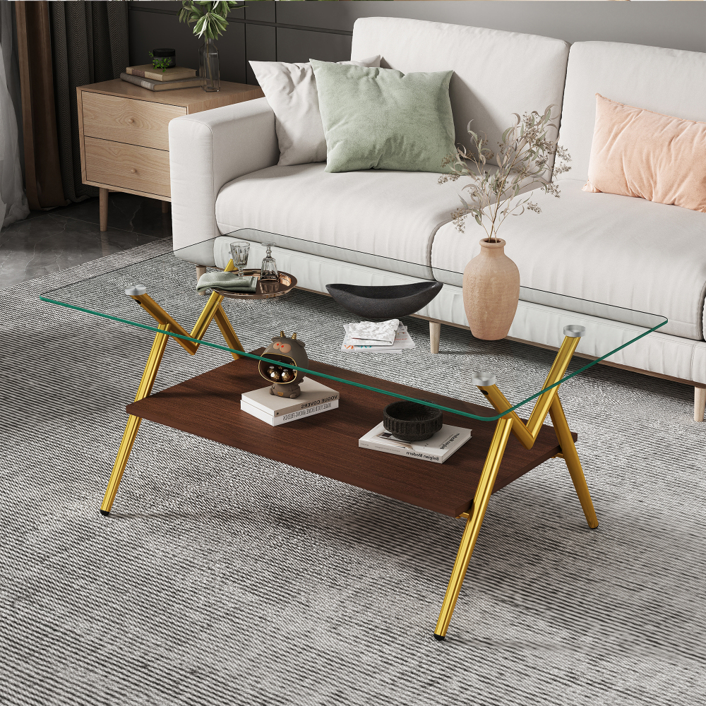 Modern Rectangle Coffee Table with Tempered Glass Top & Gold Metal Legs, Two-Tier Storage for Living Room