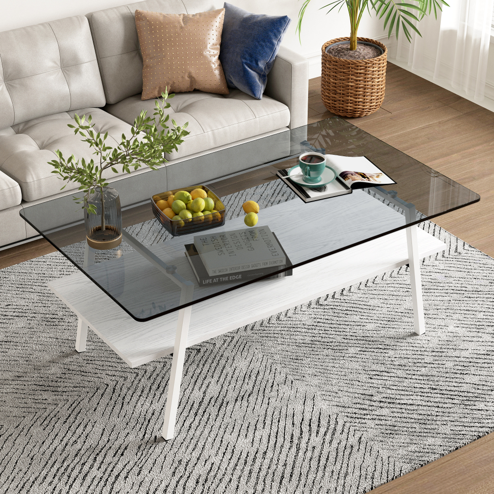 Modern Rectangle Coffee Table with Tempered Gray Glass Top and White Metal Legs, Contemporary Living Room Furniture with Storage Shelf