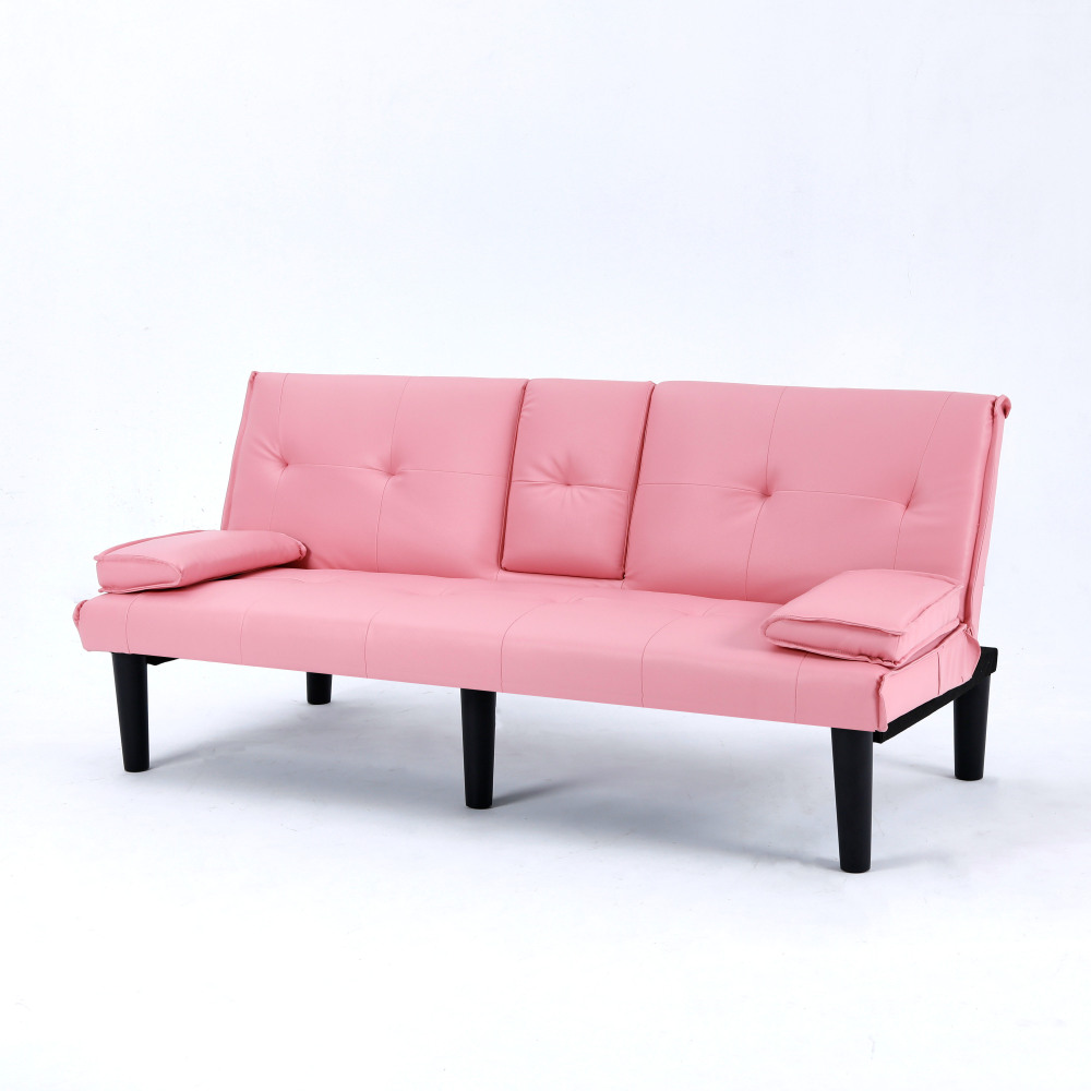 67-Inch Pink Convertible Sofa Bed with Cup Holders & Armrests - Modern PVC Sleeper Loveseat for Small Spaces, Dorms & Apartments