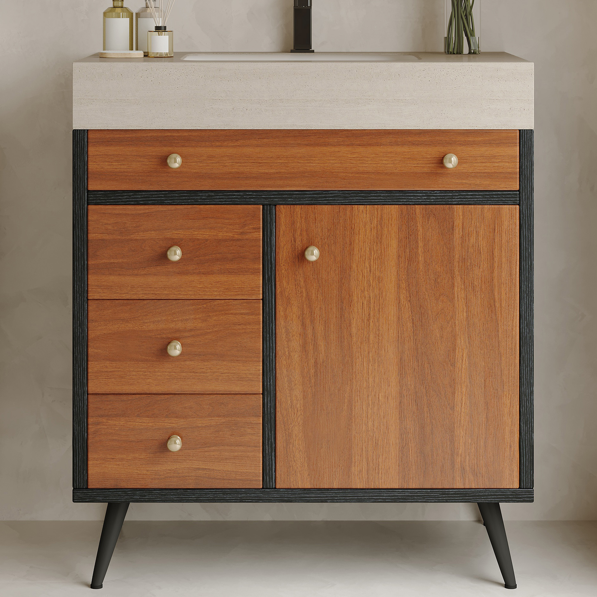 Modern Free-Standing Bathroom Vanity with Sintered Stone Top & Ceramic Sink, Mid-Century Walnut Cabinet with Soft-Close Drawers